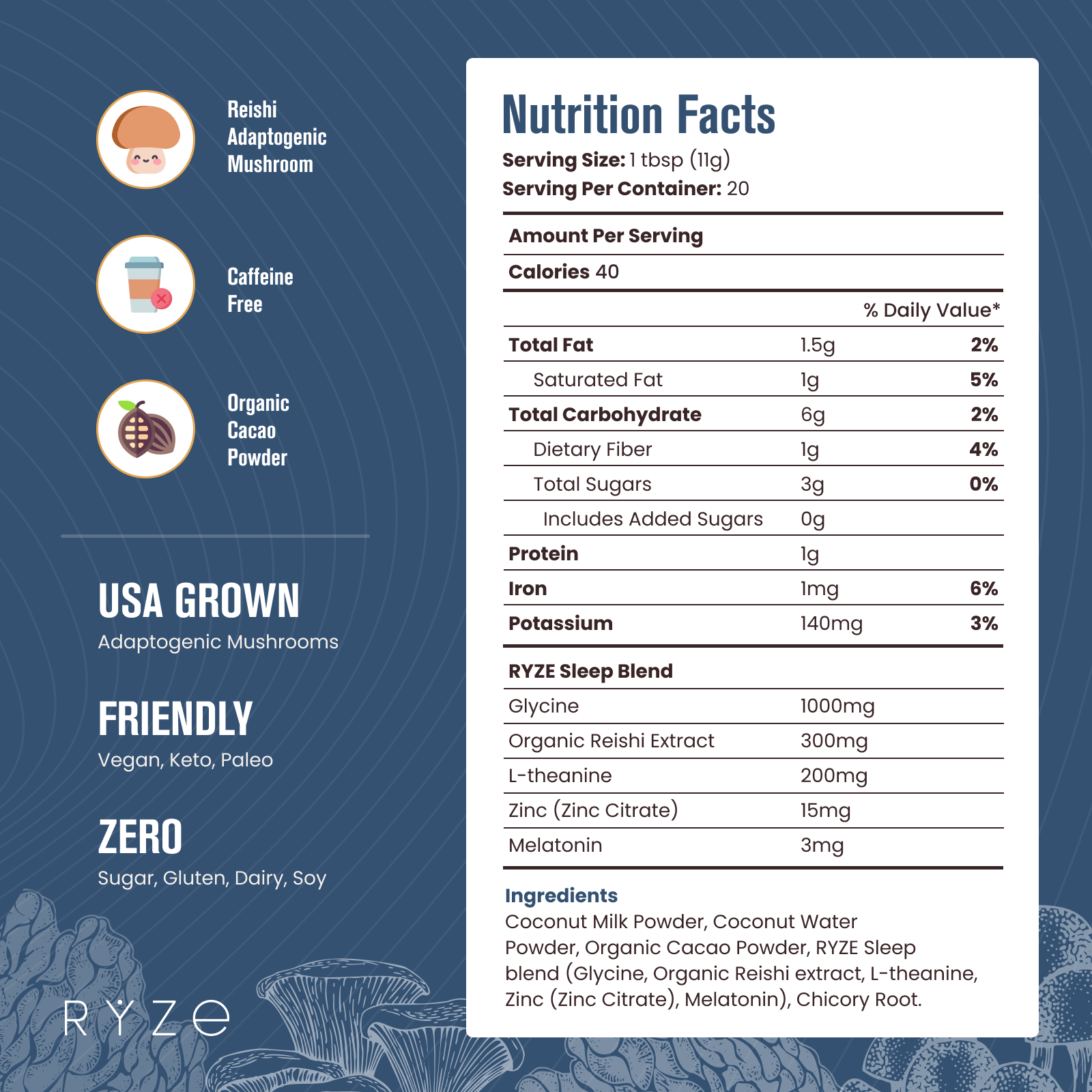 RYZE Hot Cocoa - with 6 Sleep Superfoods to Help Fall Asleep and Stay Asleep Bright M031-053