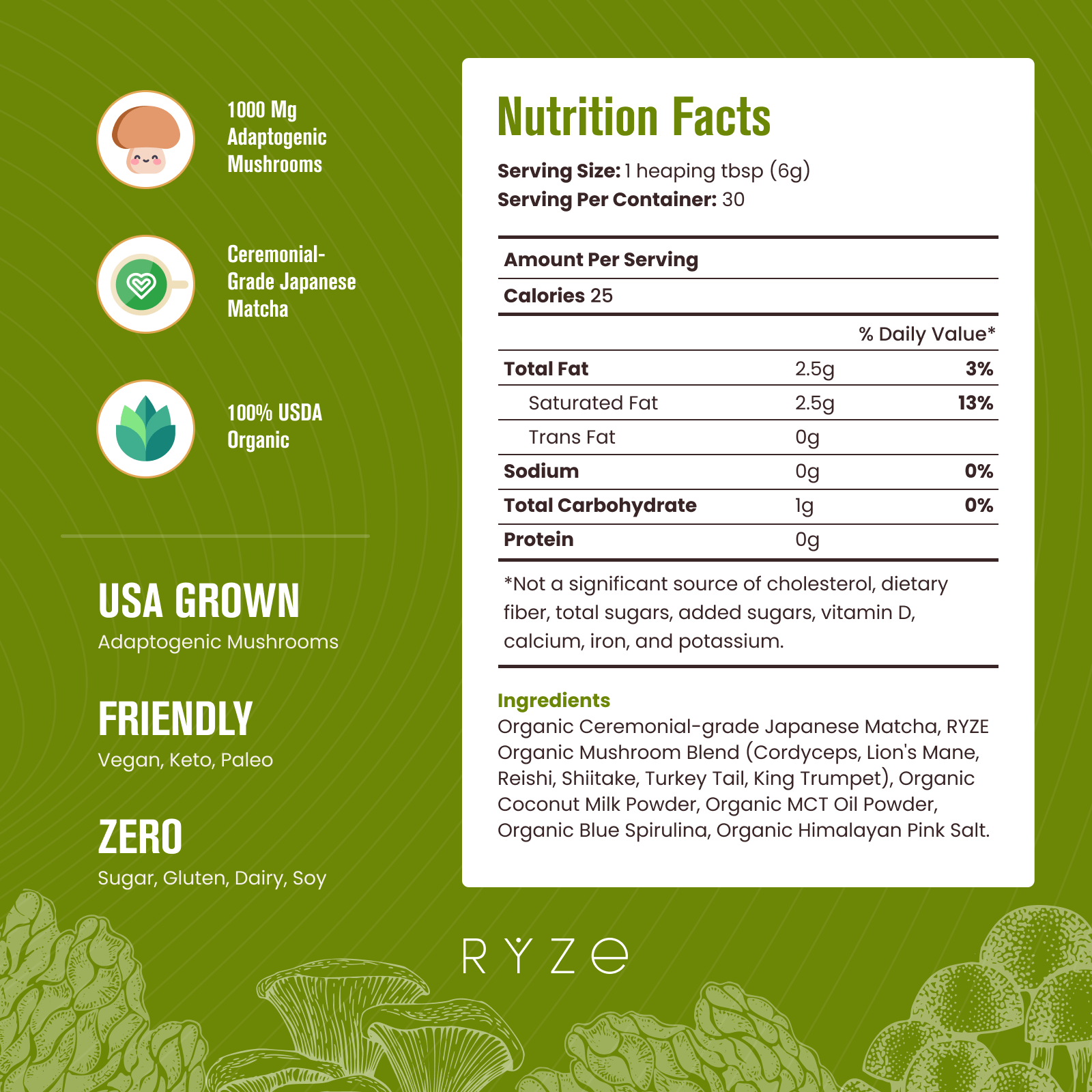 RYZE Mushroom Matcha - with 6 Organic Adaptogenic Mushrooms Grown In USA and Ceremonial-Grade Japanese Matcha Choice M031-094